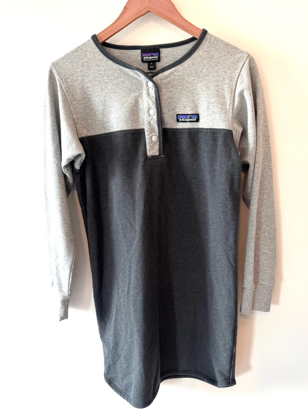 Patagonia Ahnya Henley Dress - Gray Colorblock Organic Cotton Fleece - Size S